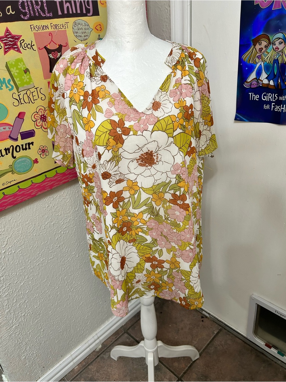 Floral V-Neck Short Sleeve Top — Pink, Mustard & Green
